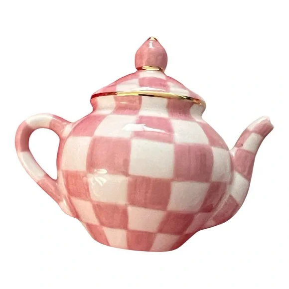 Mackenzie-Childs NWT in gift box gorgeous Rosy Check Teapot Salt & Pepper set - Picture 8 of 14